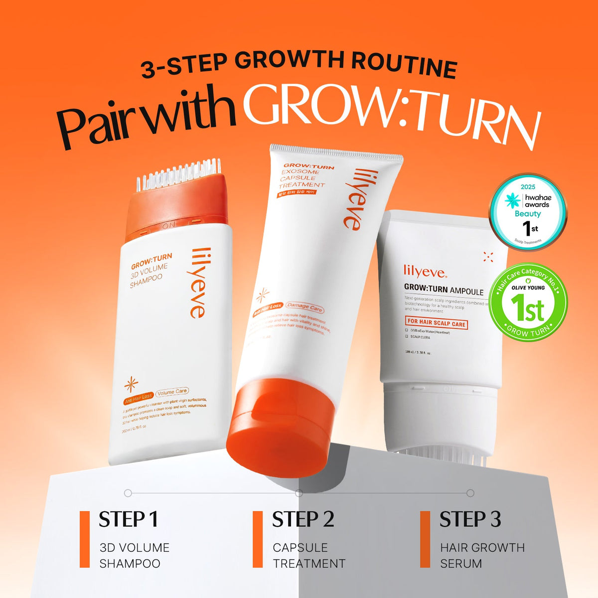 Kit Growturn rotina de couro cabeludo: shampoo, tratamento e sérum
